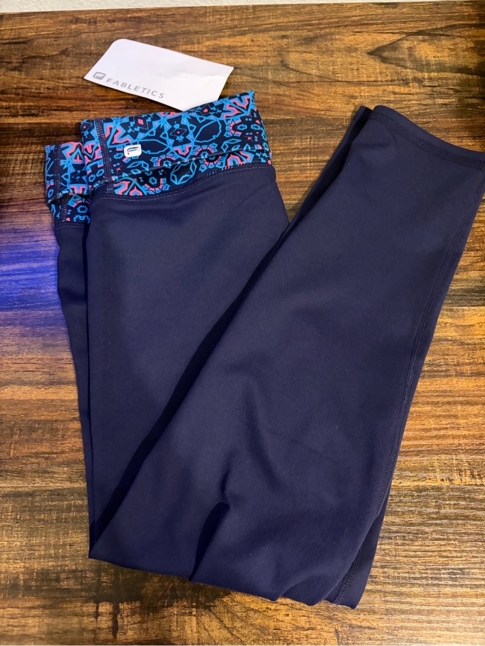 Fabletics Navy Leggings with Blue & Pink Patterned Waistband